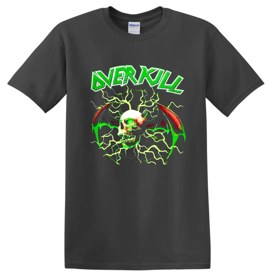 Overkill logo with horned skull, bat wings, and neon green lightning graphic on a Charcoal T Shirt