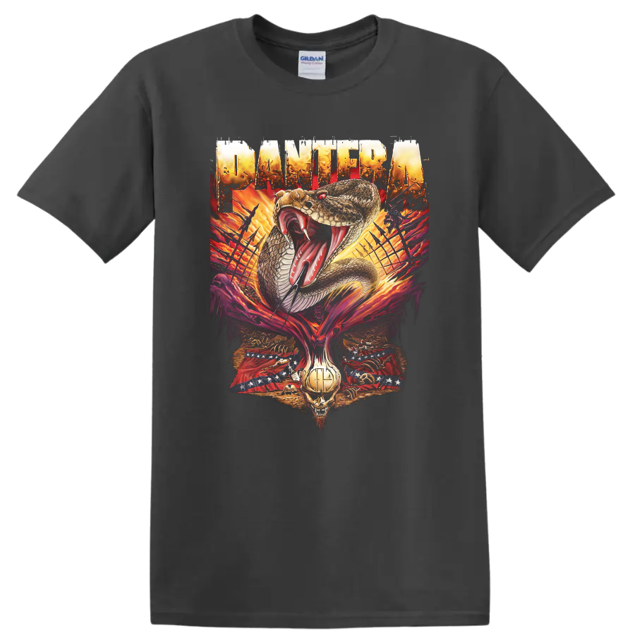 Pantera cobra, flames, skull, barbed wire, and distressed metal artwork on a Charcoal T Shirt