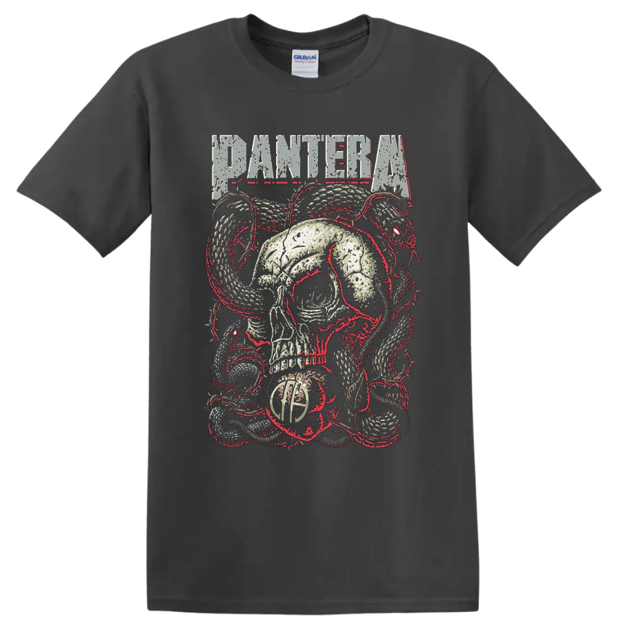 Pantera distressed skull and coiled snake heavy metal graphic with red accents on a Charcoal T Shirt