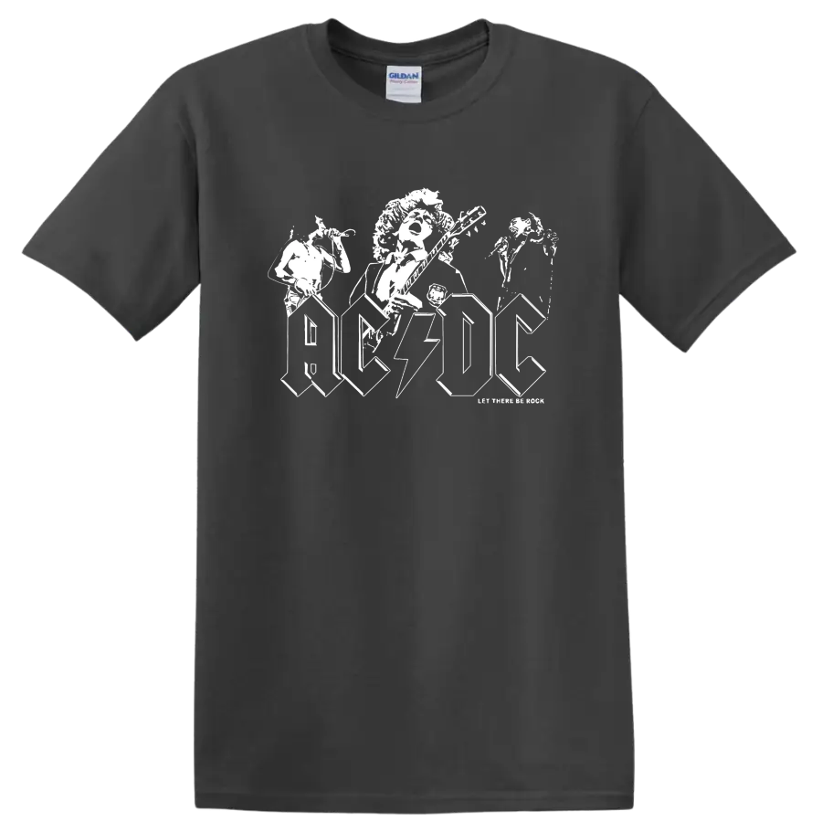 AC/DC Angus Young guitarist artwork with lightning logo and Let There Be Rock text on a Charcoal T Shirt