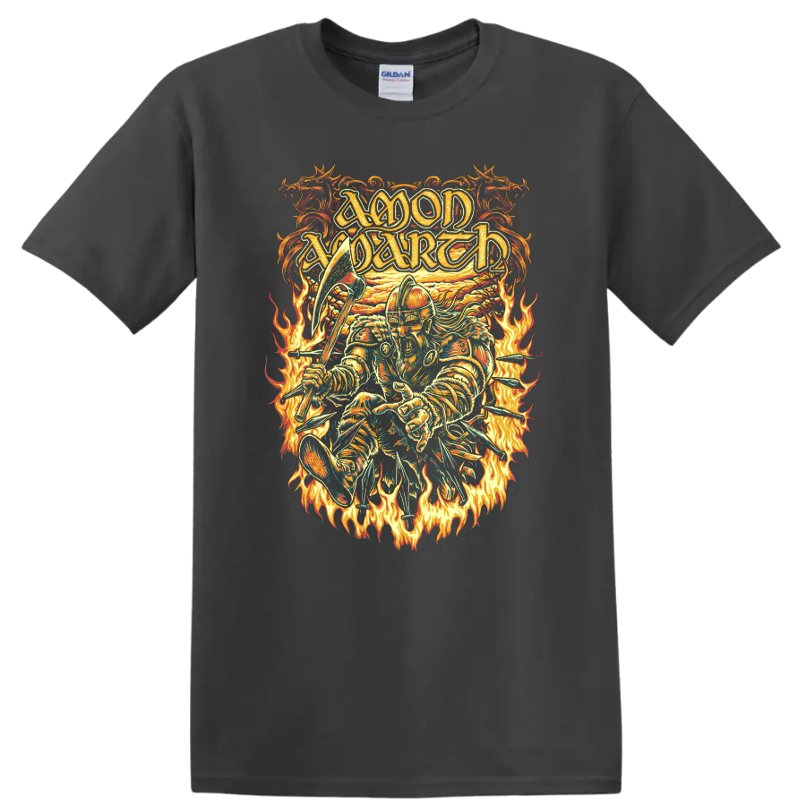 Amon Amarth Viking warrior with axe, arrows, and flames in ornate metal art on a Charcoal T Shirt