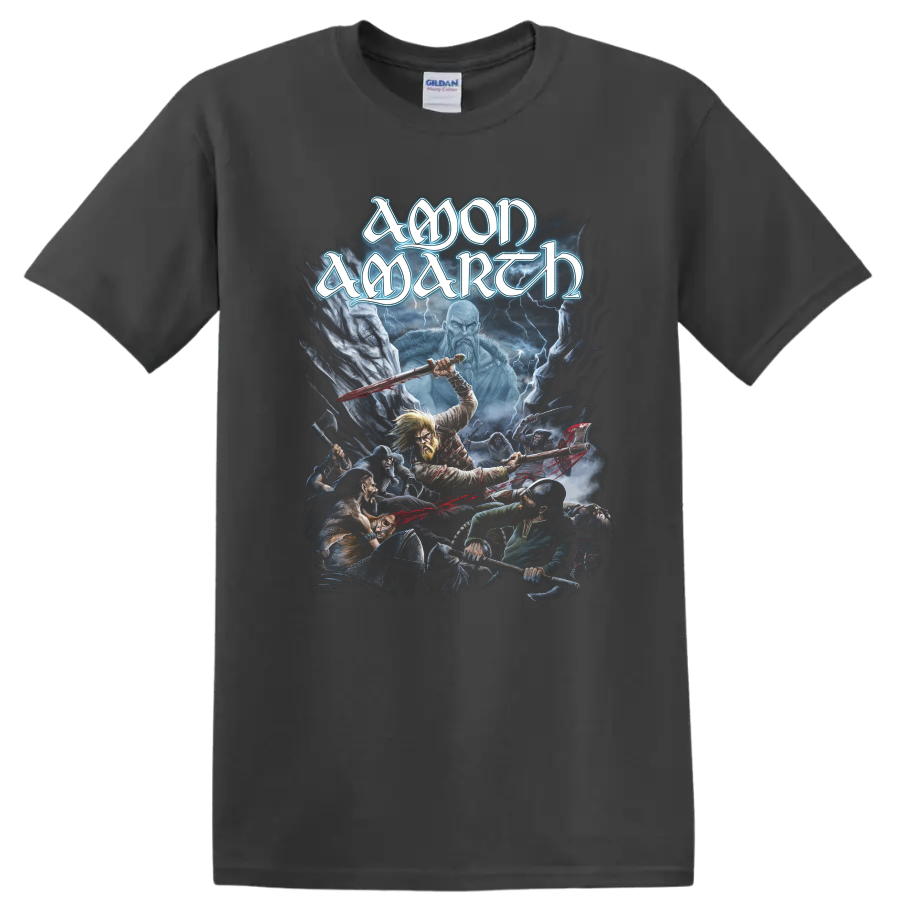 Amon Amarth logo above a lightning-lit Viking battle with Norse warriors on a Charcoal T Shirt