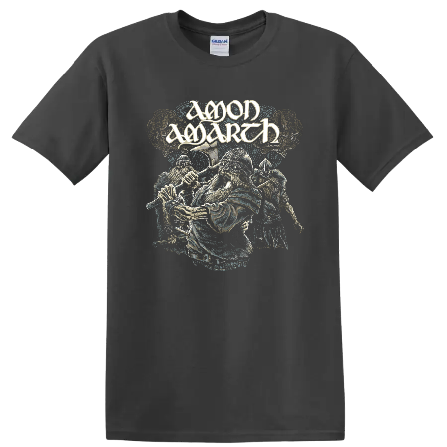Amon Amarth logo above distressed Viking warriors with axes and armored helmets on a Charcoal T Shirt