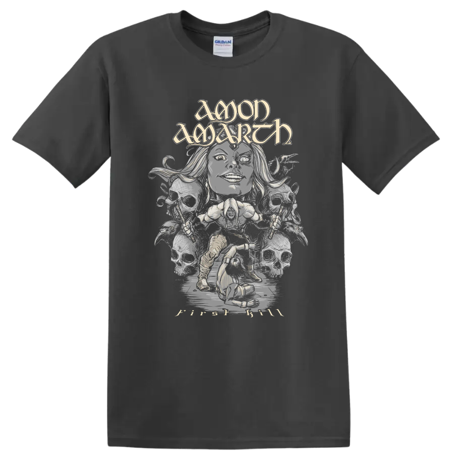 Amon Amarth First Kill Viking warrior and skulls in monochrome metal illustration on a Charcoal T Shirt