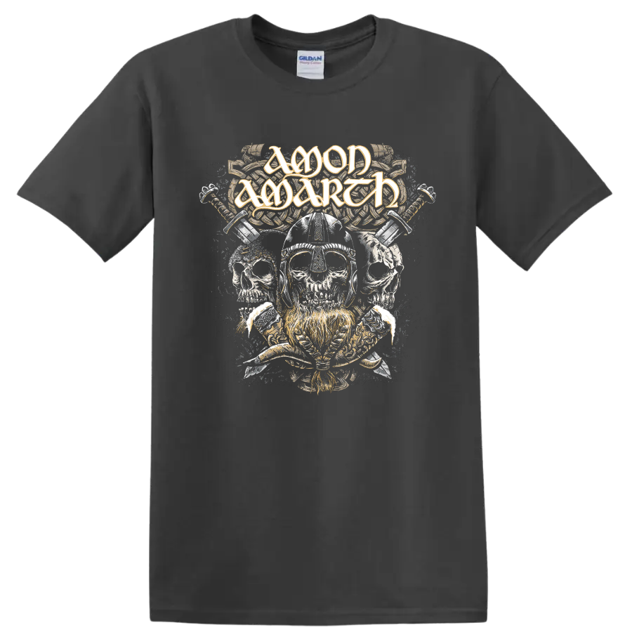 Amon Amarth logo above Viking helmet skulls, crossed weapons, and Norse knotwork on a Charcoal T Shirt