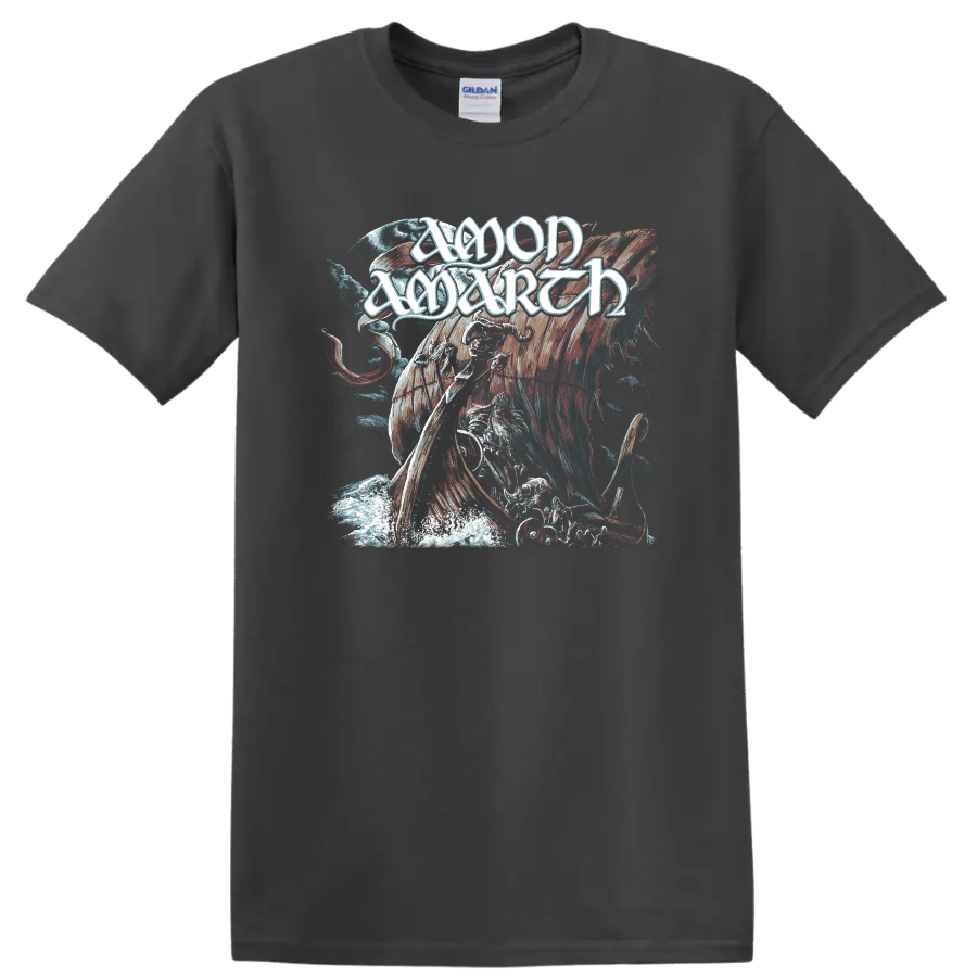 Amon Amarth Viking warrior, longship, raven, and moon in distressed metal art on a Charcoal T Shirt