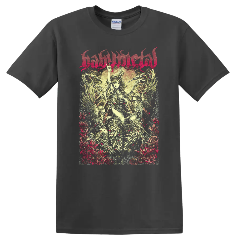BABYMETAL angelic winged figures with floral border in distressed metal poster art on a Charcoal T Shirt