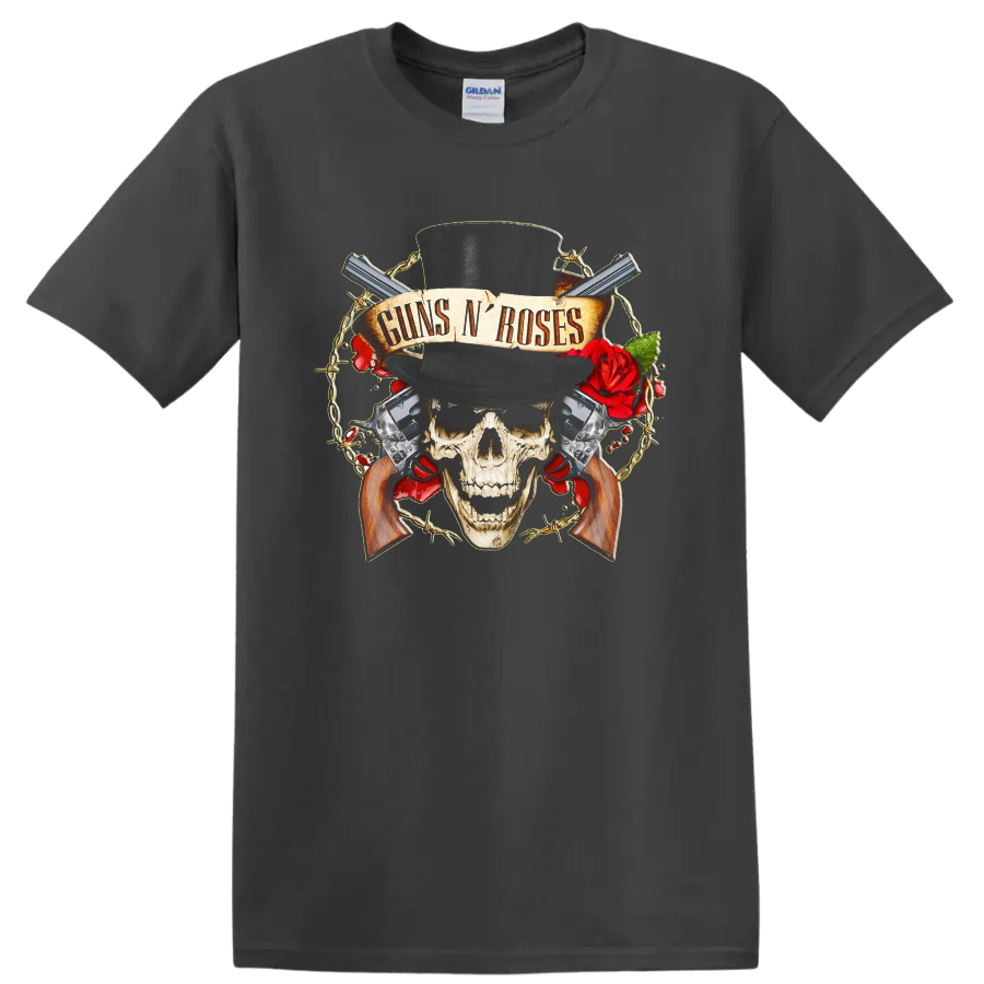 Guns N' Roses skull in top hat with red roses, revolvers, barbed wire, and banner on a Charcoal T Shirt