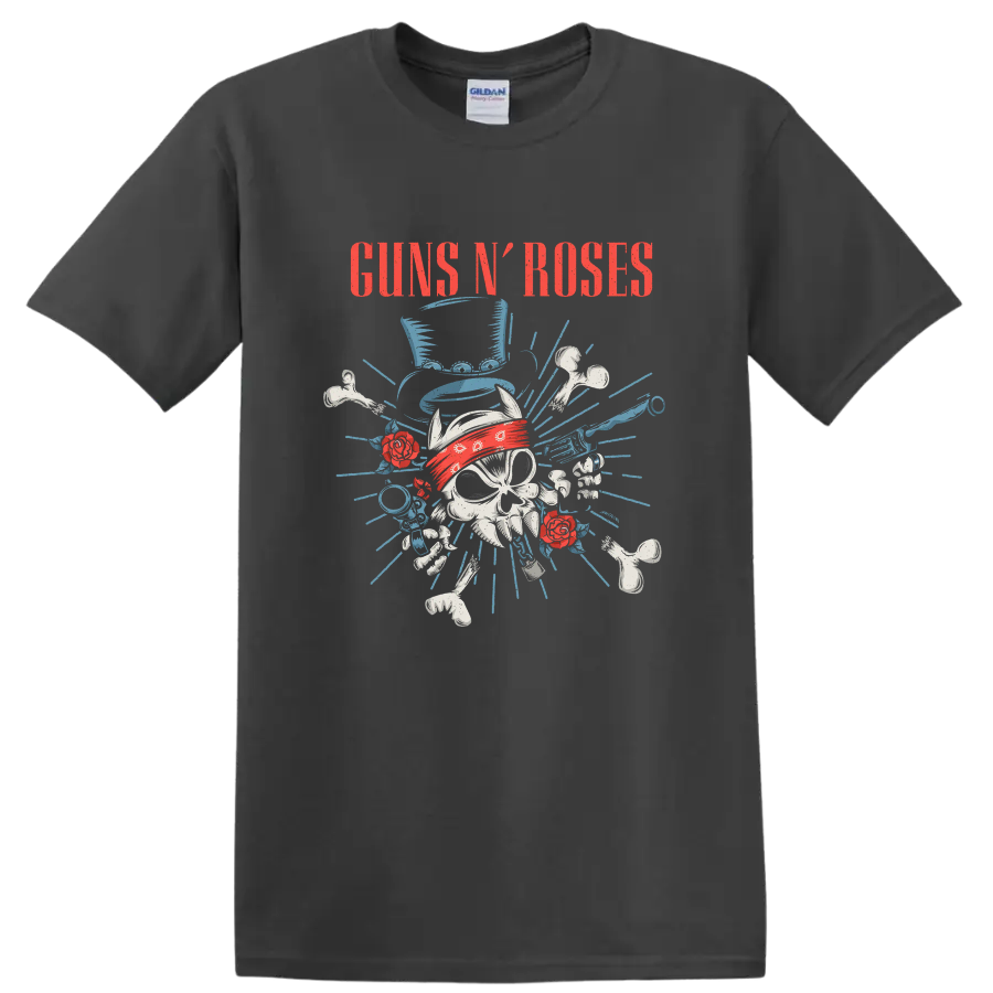 Guns N' Roses distressed skull with red bandana, roses, bones, and blue rays on a Charcoal T Shirt