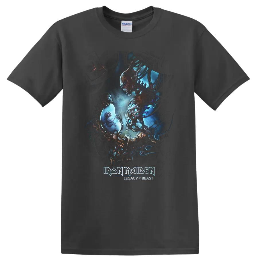 Iron Maiden Legacy of the Beast Eddie skeletal dark fantasy metal artwork on a Charcoal T Shirt