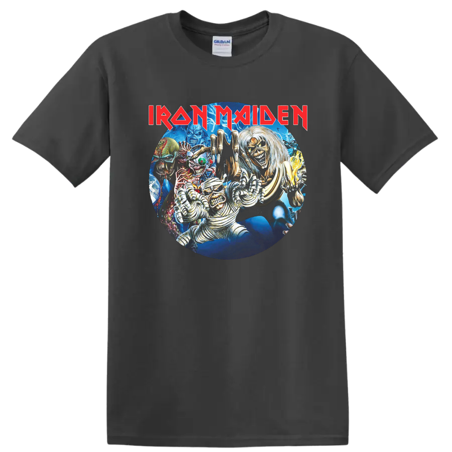 Iron Maiden Eddie horror collage with lightning, monsters, and red logo on a Charcoal T Shirt