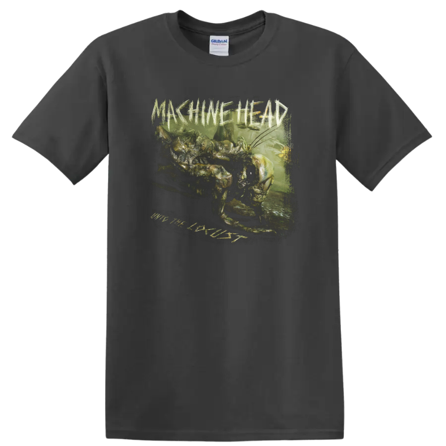 Machine Head Unto the Locust distressed green creature metal artwork on a Charcoal T Shirt