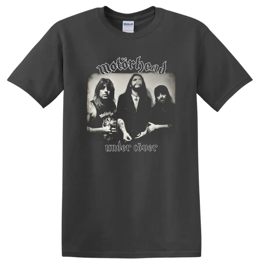 Motörhead Under Cöver black-and-white band portrait with gothic logo lettering on a Charcoal T Shirt