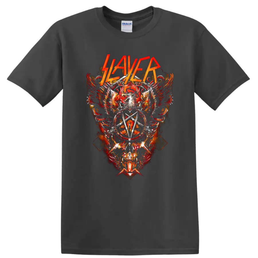 Slayer logo over flaming skull, wings, serpents, swords, and pentagram metal artwork on a Charcoal T Shirt