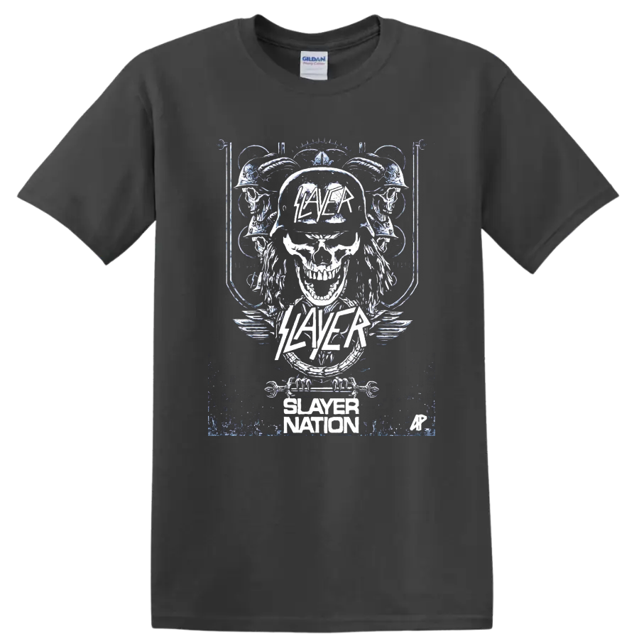 Distressed Slayer skull graphic with helmet, mirrored skulls, wings, and Slayer Nation on a Charcoal T Shirt