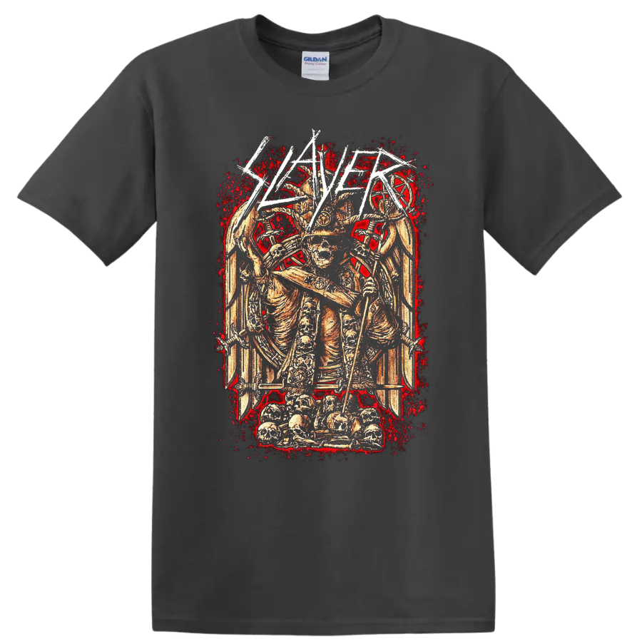 Slayer Haunting the Chapel skeletal warrior with skulls, blades, and distressed red on a Charcoal T Shirt
