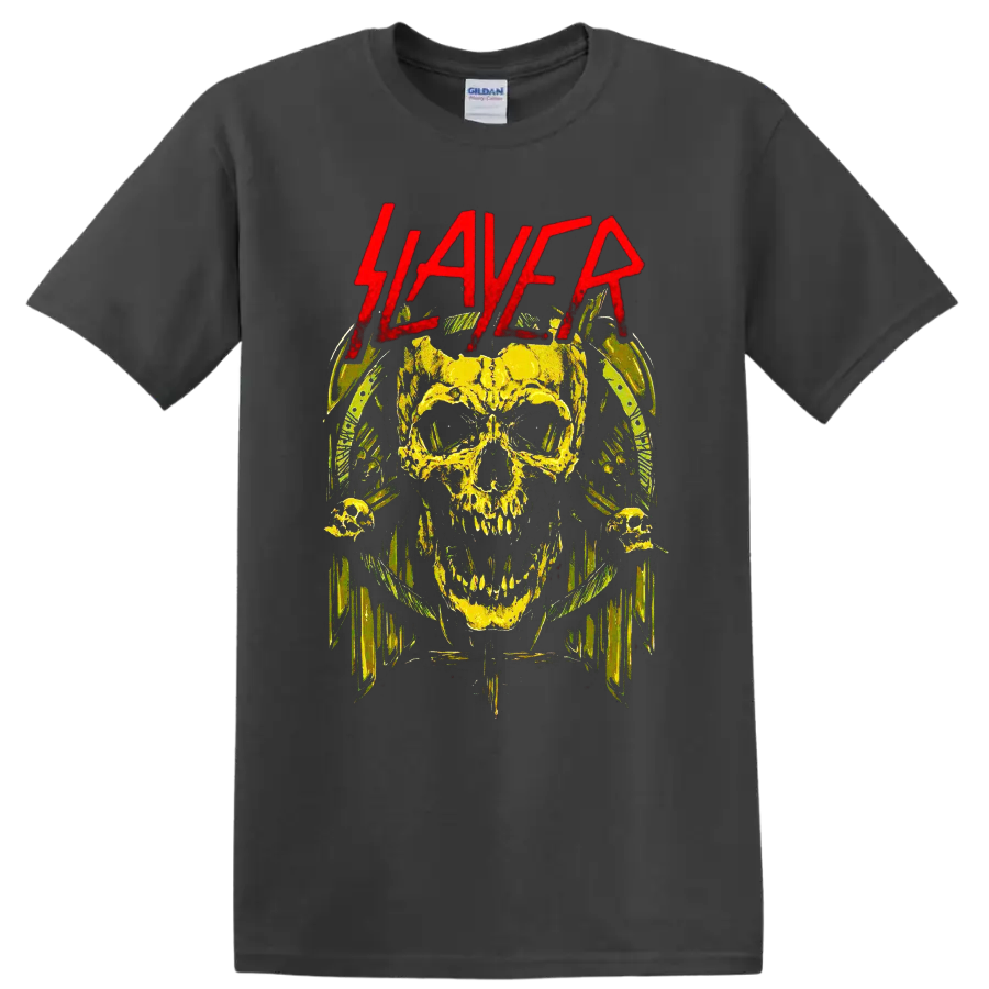 Distressed yellow skull with red Slayer lettering and dark heavy metal horror art on a Charcoal T Shirt
