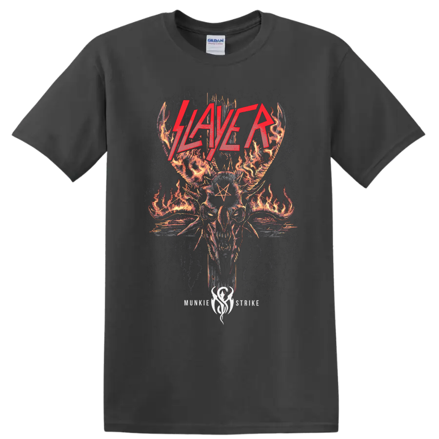 Slayer Skullagramm flaming horned skull with red logo and pentagram on a Charcoal T Shirt