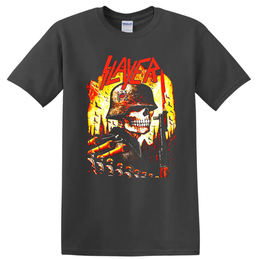 Slayer skull soldier graphic with flames, rifle, battlefield, and red logo on a Charcoal T Shirt