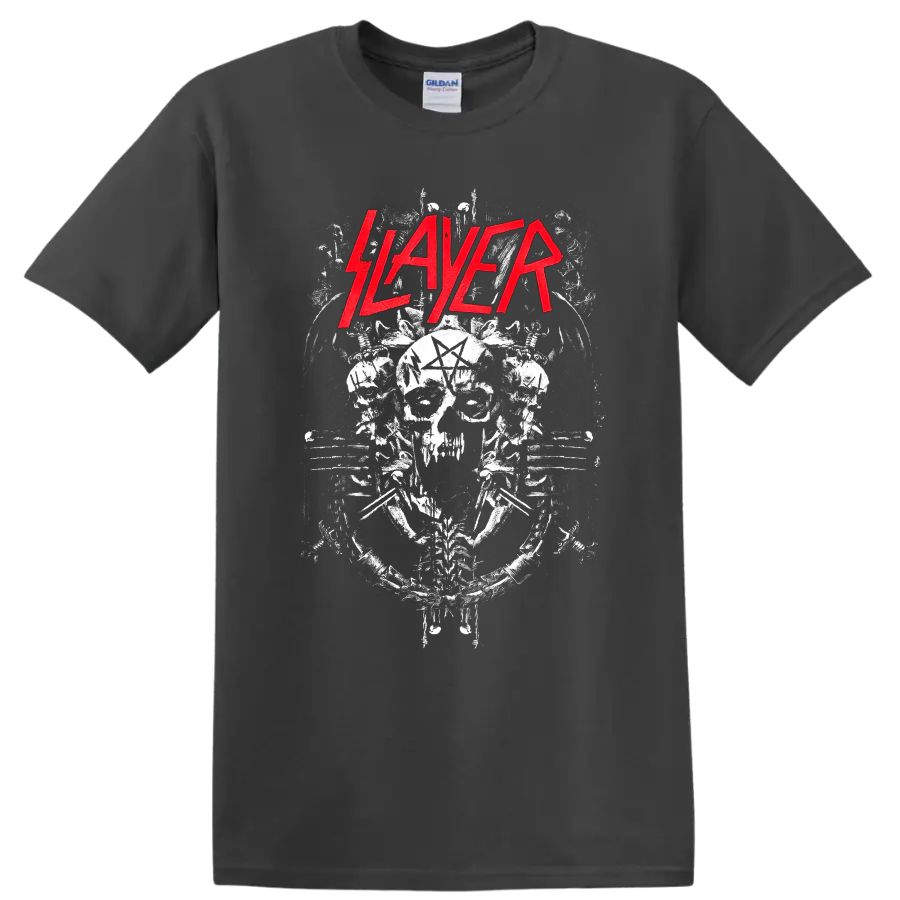 Slayer red logo above distressed skull, pentagram, chains, and spikes metal artwork on a Charcoal T Shirt