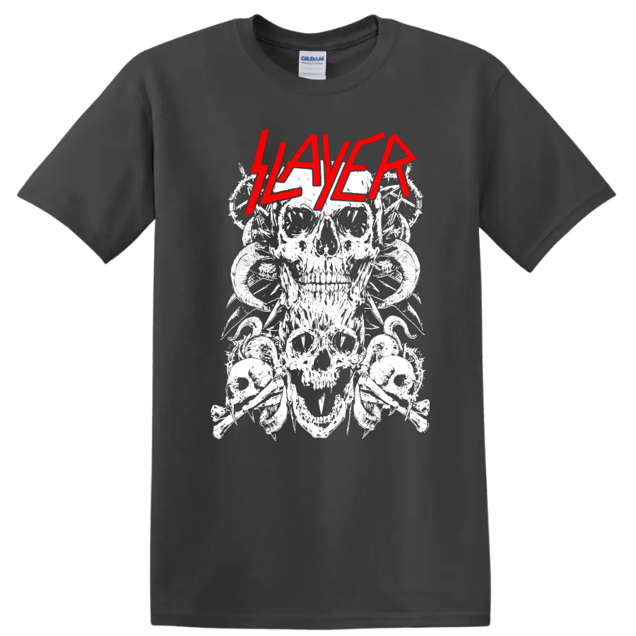 Slayer red logo over distressed white skull collage in heavy metal line-art style on a Charcoal T Shirt