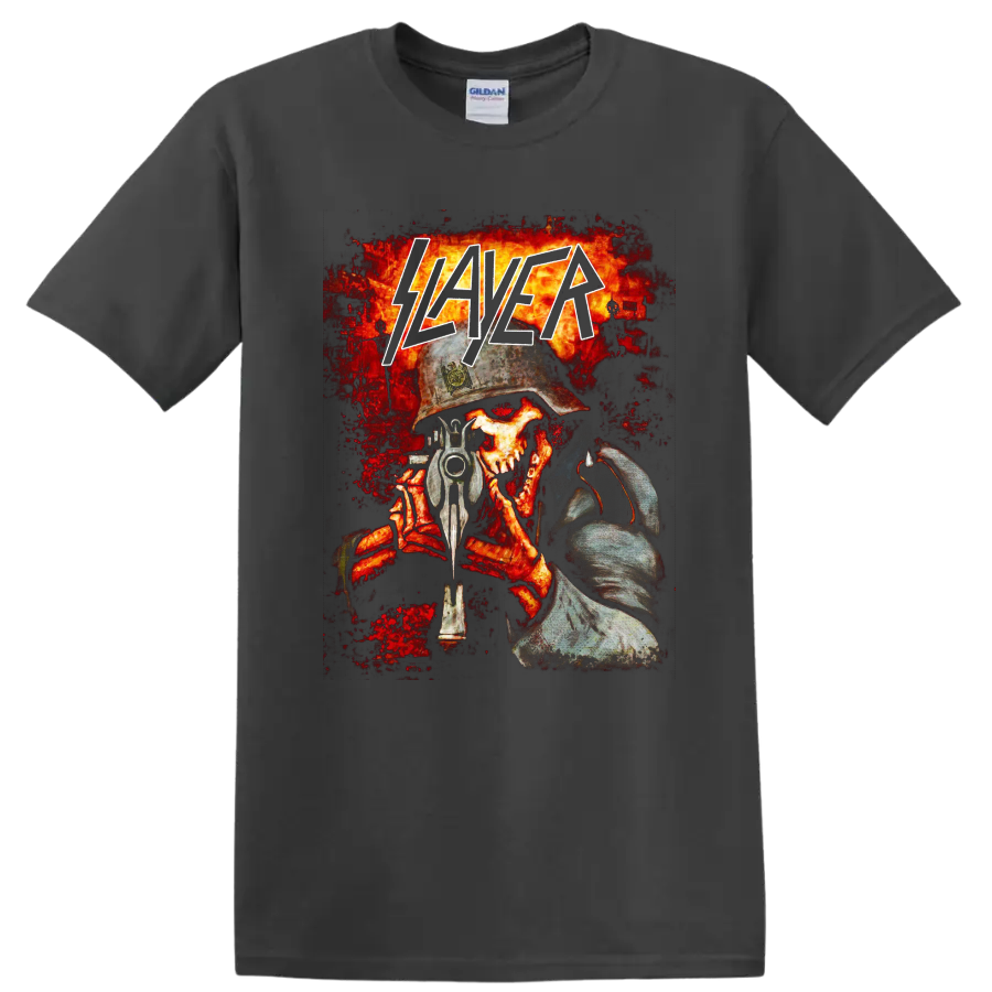 Slayer logo over helmeted skull soldier with gun and fiery battlefield artwork on a Charcoal T Shirt