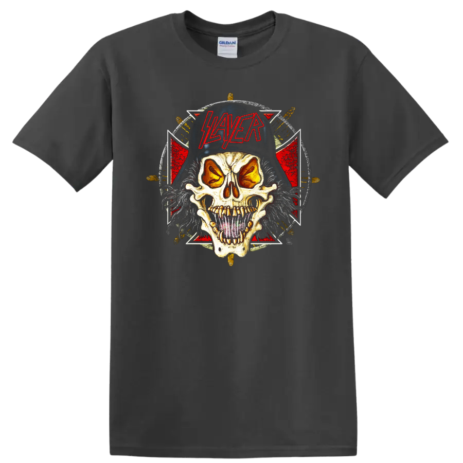 Slayer Slaytanic Wehrmacht skull with red logo and distressed metal backdrop on a Charcoal T Shirt