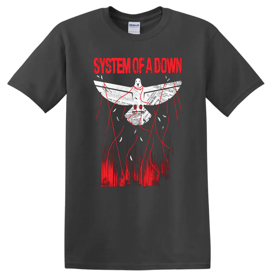 System of a Down distressed dove with newspaper wings, red threads, and bold red lettering on a Charcoal T Shirt