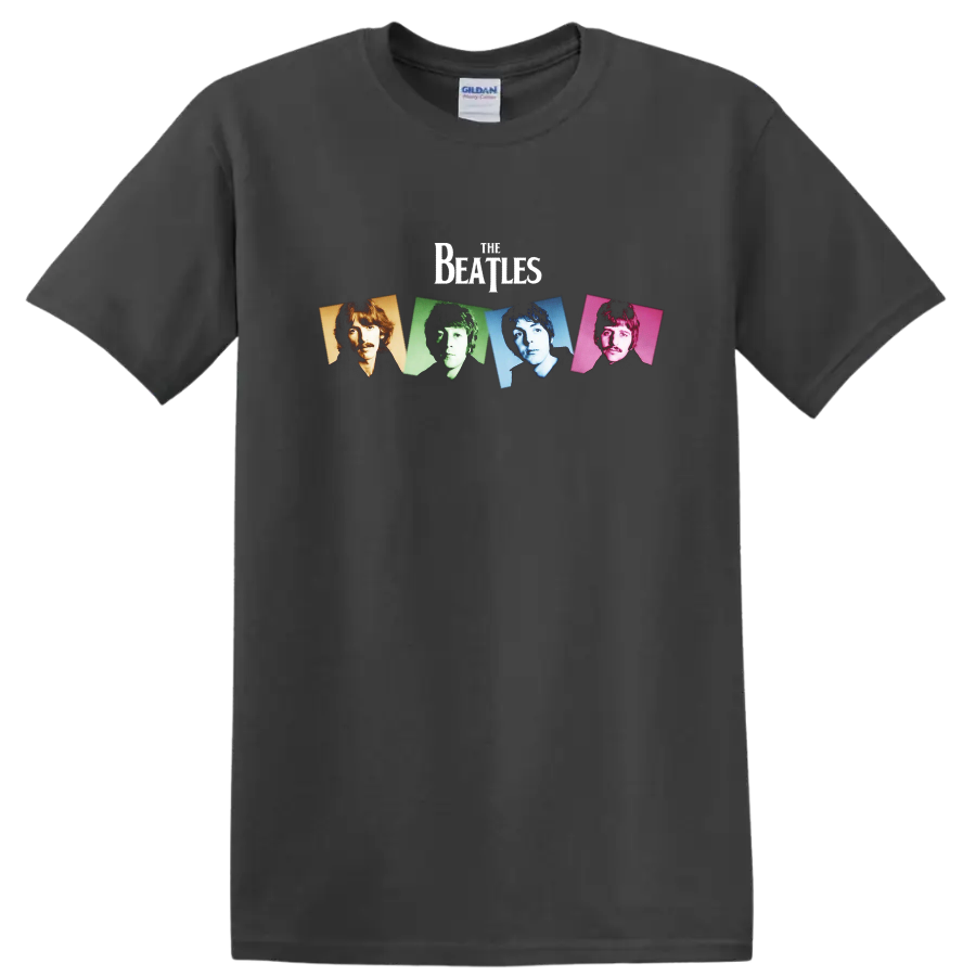 The Beatles four-panel pop art portraits in orange, green, blue, and pink on a Charcoal T Shirt
