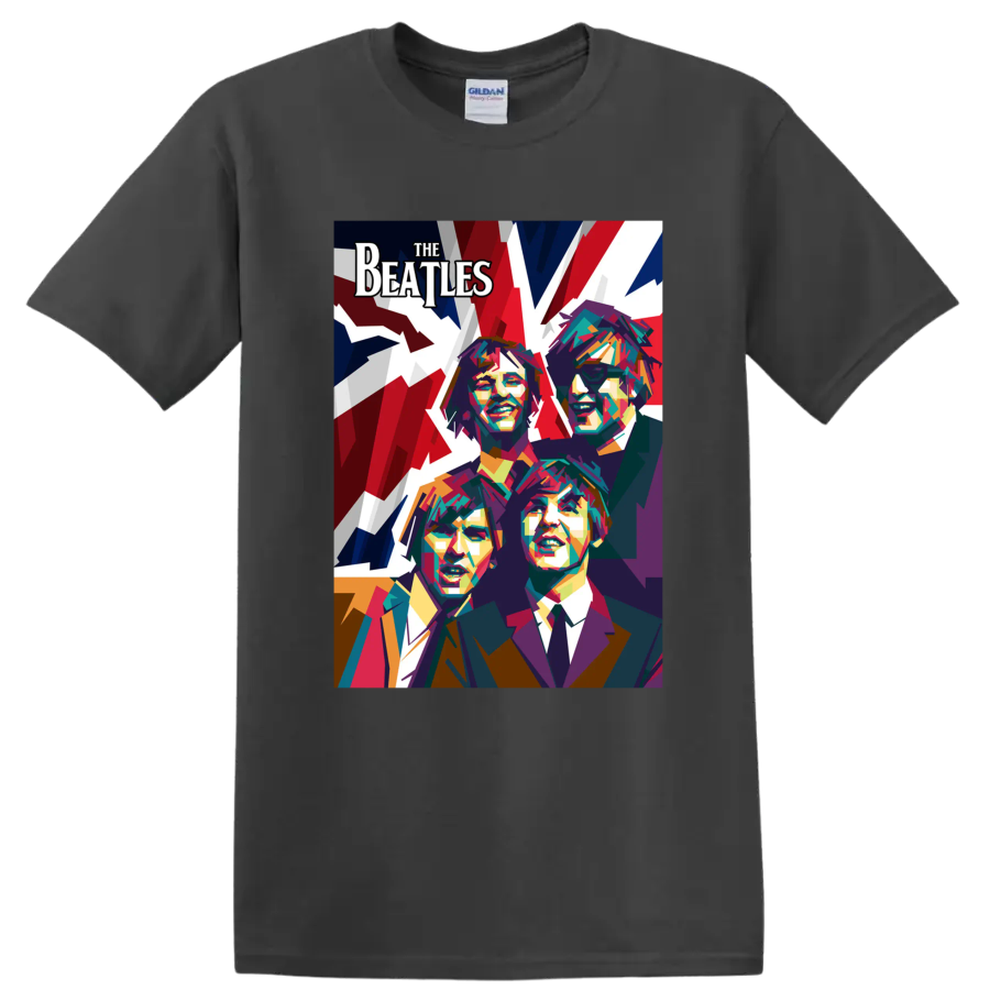 The Beatles colorful geometric pop-art portraits with bold red, white, and blue backdrop on a Charcoal T Shirt