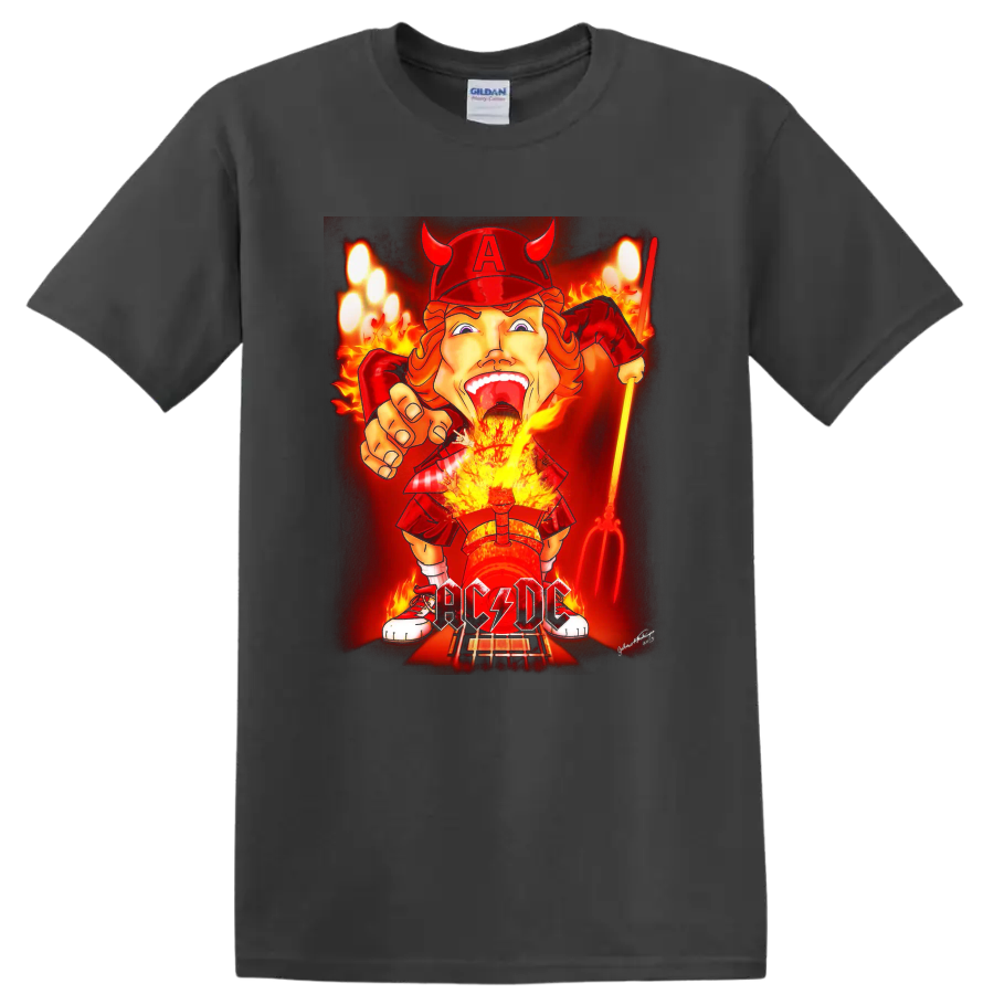 Angus Young AC/DC devil rocker cartoon with flames, guitar, and lightning lettering on a Charcoal T Shirt