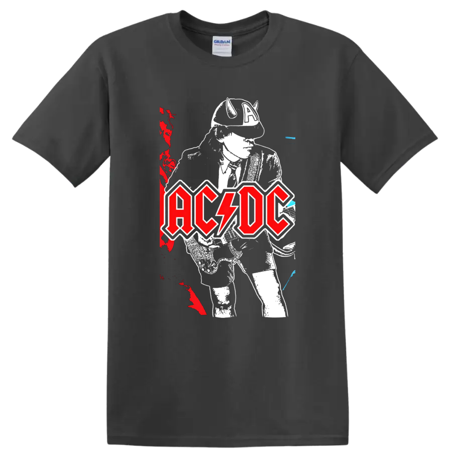 Angus Young guitar illustration with distressed AC/DC logo and concert poster accents on a Charcoal T Shirt