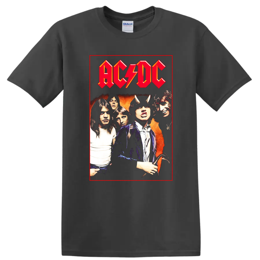 AC/DC band portrait with Angus Young devil horns and red lightning logo on a Charcoal T Shirt