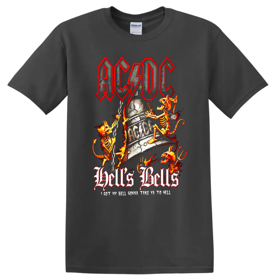 AC/DC Hell's Bells cracked bell with flaming skeletons, chains, lightning, and flames on a Charcoal T Shirt