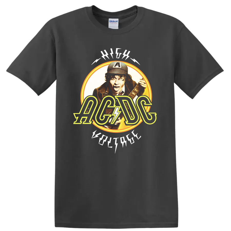Angus Young AC/DC High Voltage vintage guitar portrait with lightning logo on a Charcoal T Shirt