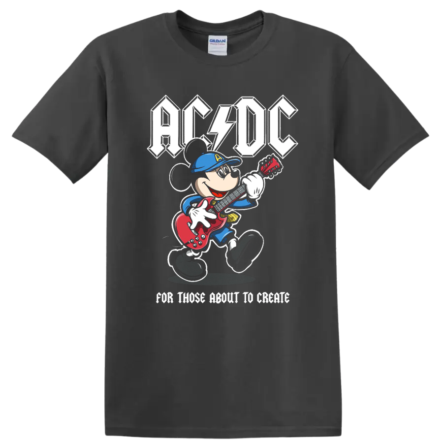 Mickey Mouse playing red electric guitar beneath AC/DC lettering in distressed rock art on a Charcoal T Shirt