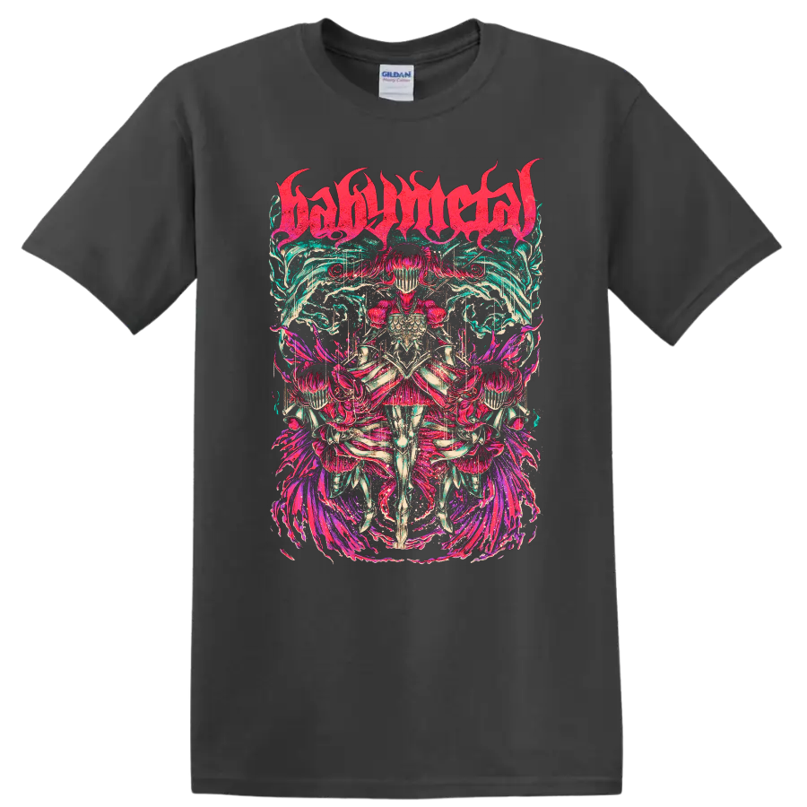 BABYMETAL neon fantasy warrior graphic with mirrored armored figures and flame motifs on a Charcoal T Shirt