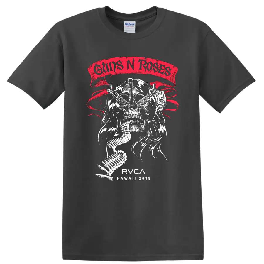 Guns N Roses skull with crossed guns, rose, ammo belt, and distressed red banner on a Charcoal T Shirt