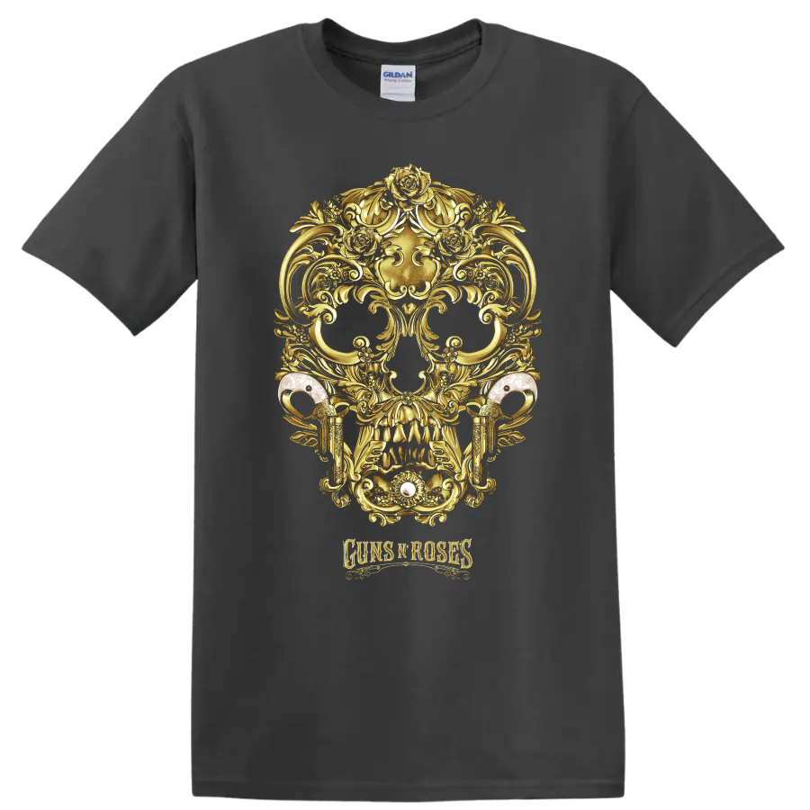 Guns N Roses gold skull with roses and ornate gothic baroque scrollwork on a Charcoal T Shirt