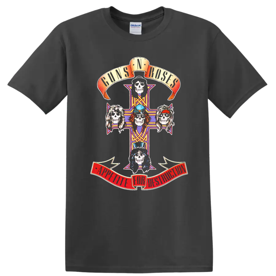 Guns N' Roses Appetite for Destruction skull cross with five colorful skull portraits on a Charcoal T Shirt