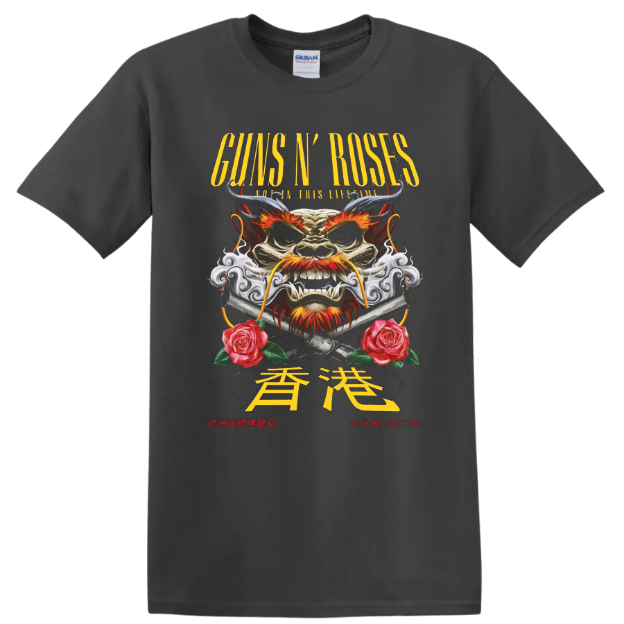 Guns N' Roses Hong Kong 2018 horned dragon, crossed pistols, smoke and roses graphic on a Charcoal T Shirt
