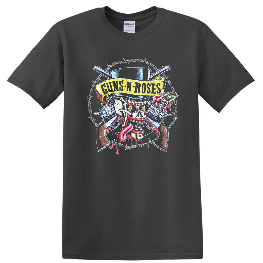 Guns N Roses distressed skull, crossed guns, barbed wire, rose, and top hat rock artwork on a Charcoal T Shirt