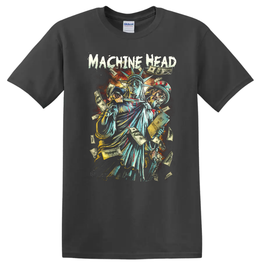 Machine Head distressed Statue of Liberty money and heavy metal tour artwork on a Charcoal T Shirt