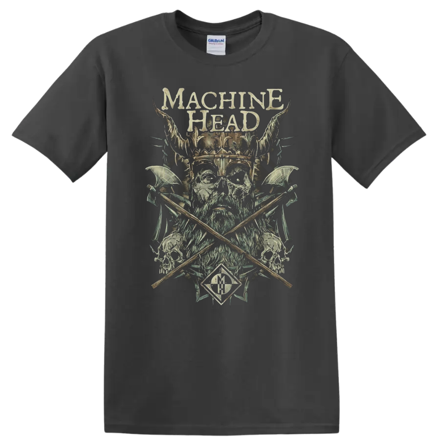 Machine Head skull warrior with horned helmet, crossed axes, skulls, and distressed on a Charcoal T Shirt