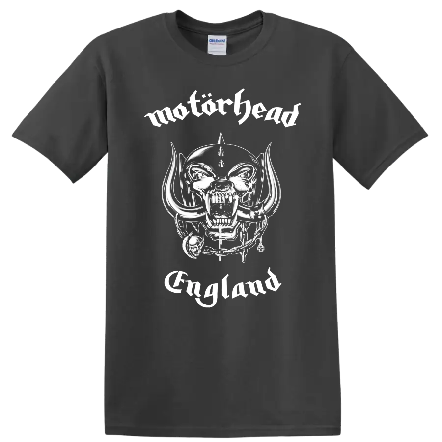 Motörhead Snaggletooth Warpig skull with tusks, chain, helmet, and England lettering on a Charcoal T Shirt