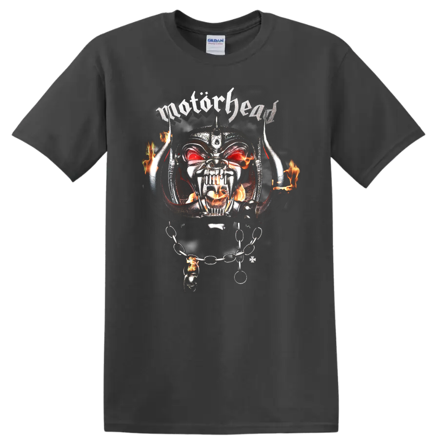 Motörhead Snaggletooth Warpig skull with flames, horns, chains, and red eyes on a Charcoal T Shirt