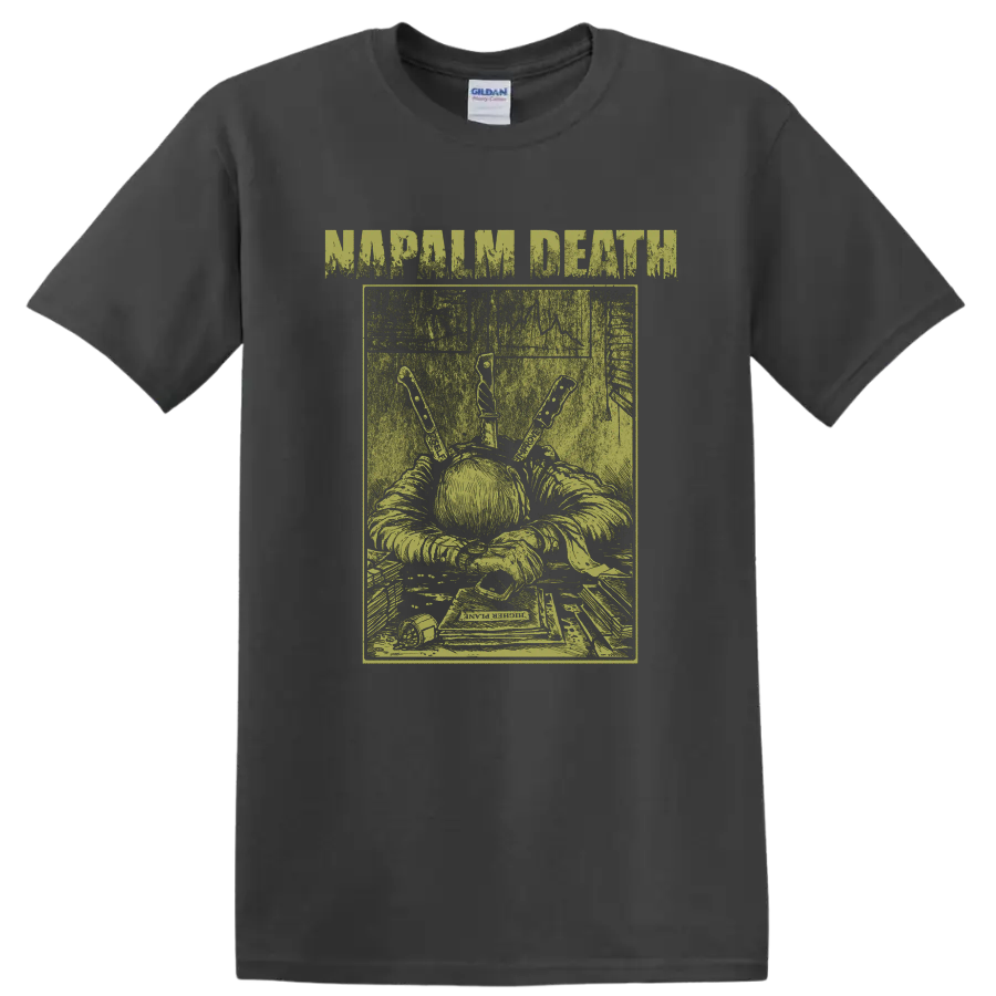 Napalm Death distressed grindcore artwork with grim figure, book, and knife-like tools on a Charcoal T Shirt