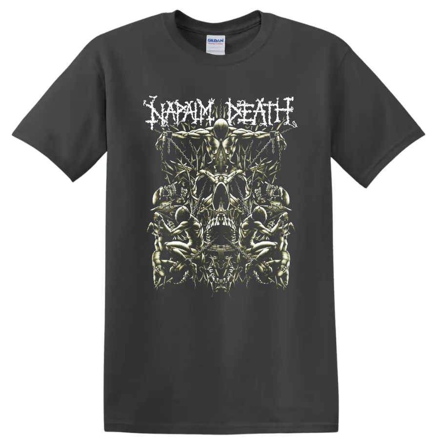 Napalm Death distressed logo above mirrored skeletal horror artwork with skulls and chains on a Charcoal T Shirt