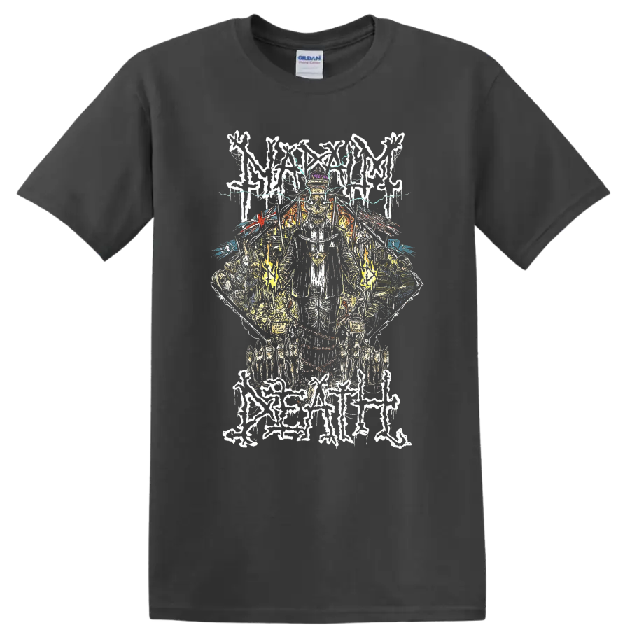 Napalm Death Scum skull figure with lightning and distressed metal linework on a Charcoal T Shirt