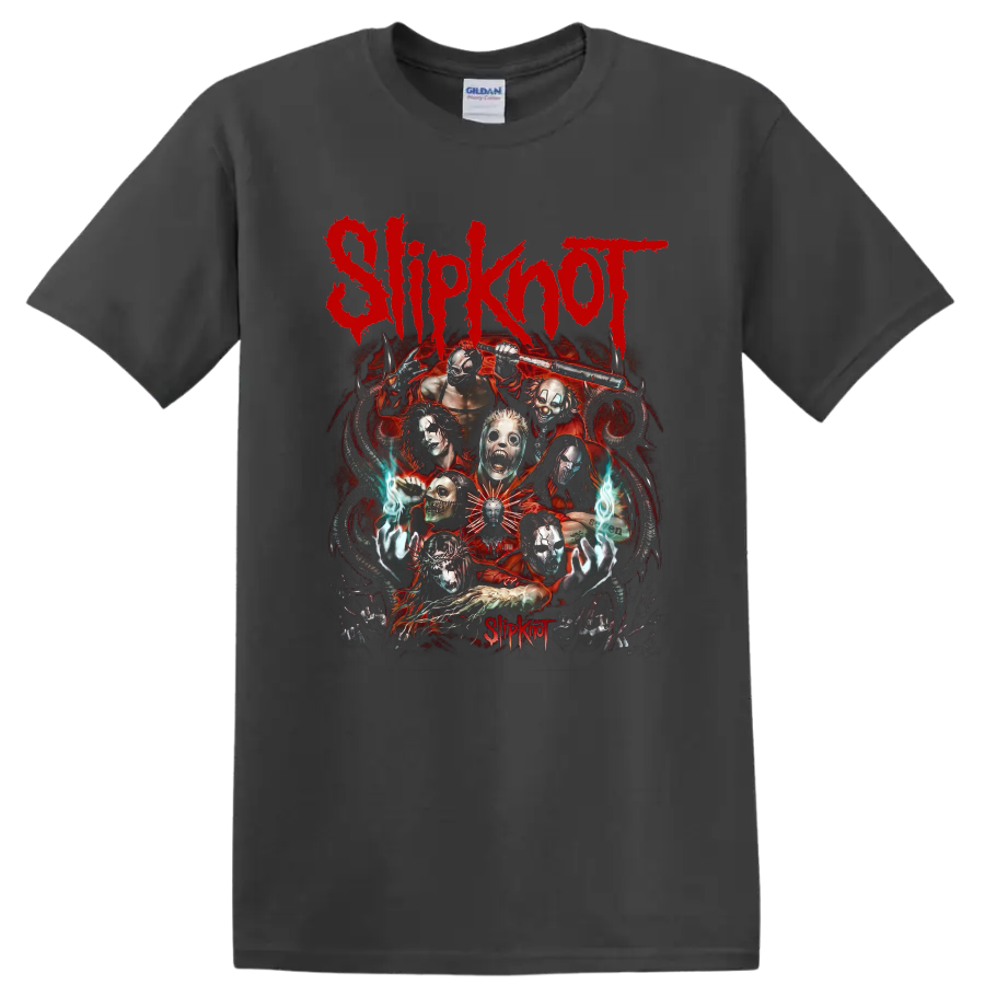 Slipknot masked band horror collage with red logo, flames, and eerie blue hands on a Charcoal T Shirt